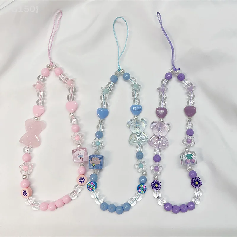 

【TG150】Cute Bear Bow Mobile Phone Rope Lanyard - Beaded Chain Bracelet Anti-Fall Acrylic Color Crystal Keychain【WT】