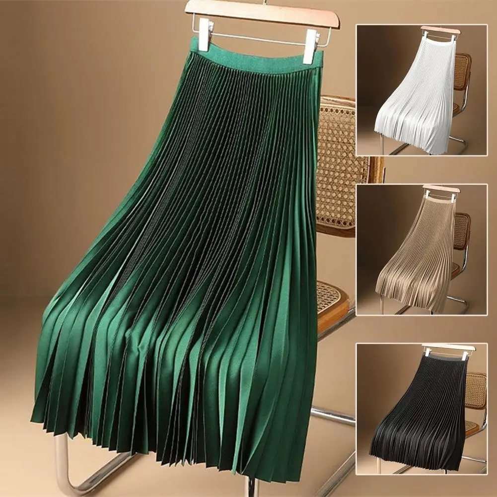 

Vintage Midi Skirt Elegant Vintage Satin Midi Skirt with Wide Elastic Waistband High Waist Pleated A-line Design Solid for Women