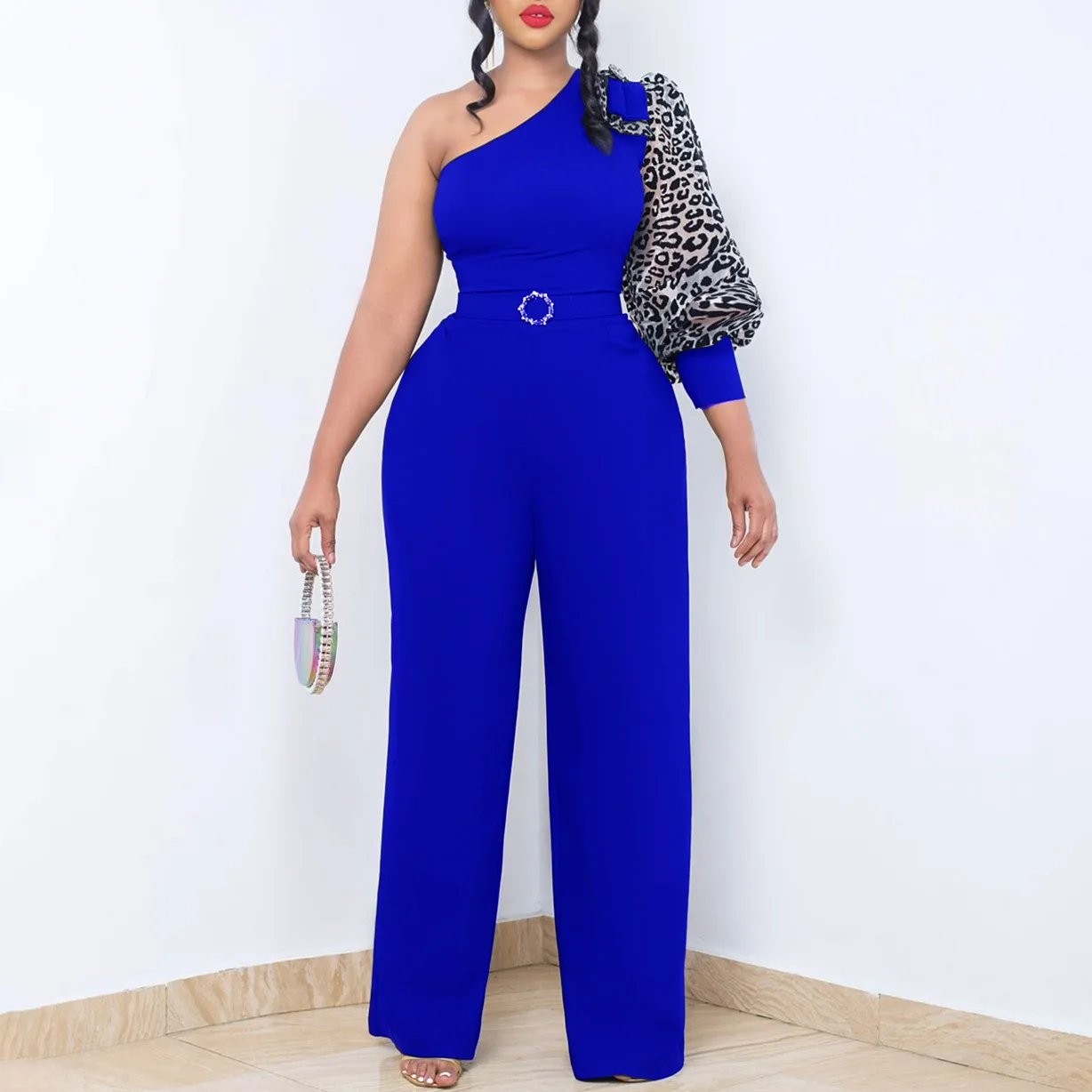 

With Belt Women's Clothing Diagonal Shoulder Sexy Waist Temperament Wide Leg Large Size Jumpsuit