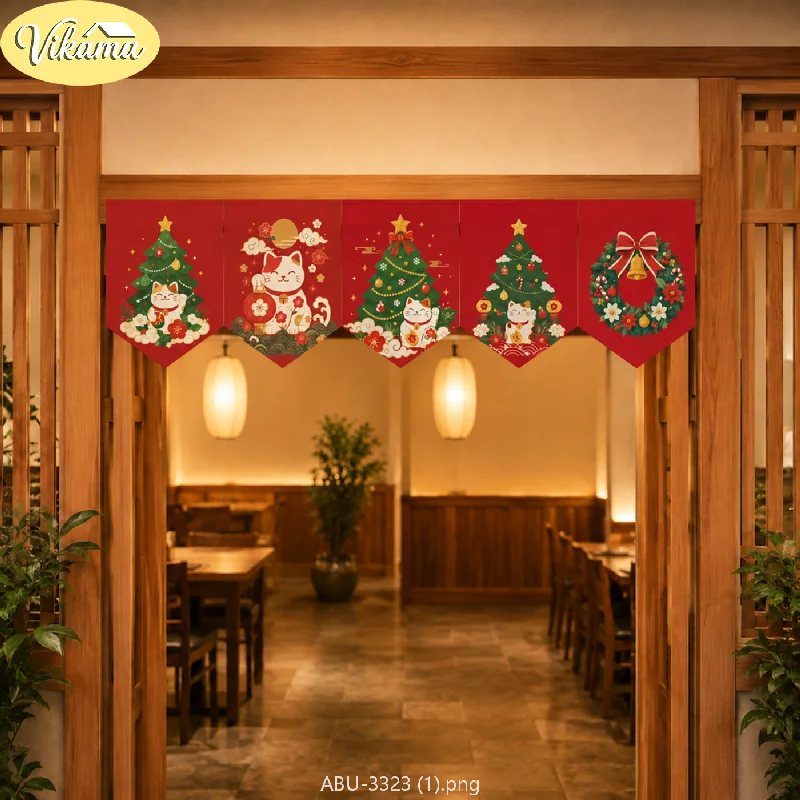 VIKAMA Christmas Maneki-neko Triangle Banners, Japanese-Style Fabric Triangle Banner Set, Doorframe and Window Home Decor
