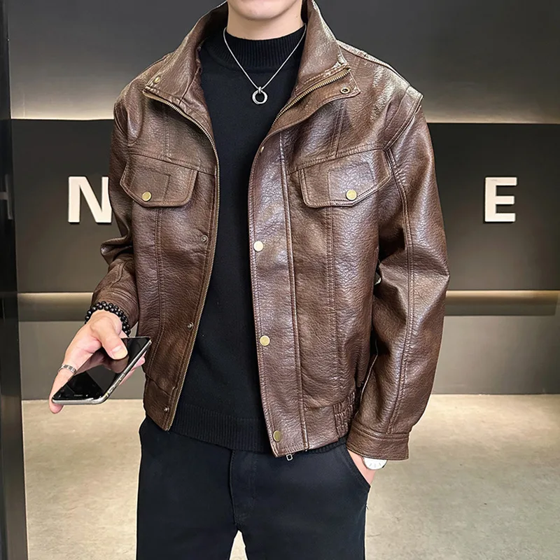 

Autumn Winter Vintage Motorcycle Jacket Men Fashion Casual Leather Jackets Turn Down Collar Streetwear Social PU Social Coat