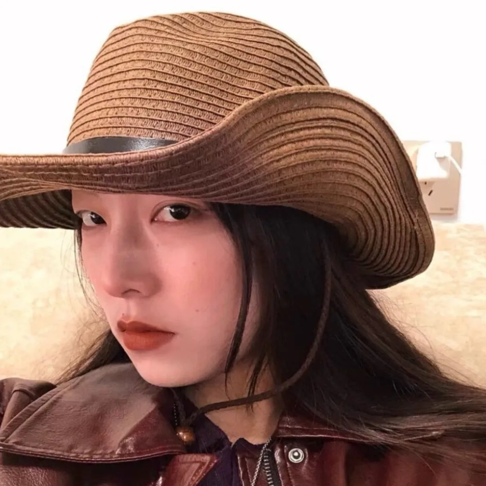 

Vintage Summer Western Cowboy Hat Wide Brim Foldable Straw Visor Hat Outdoor Boho Sun Protection Cap Unisex