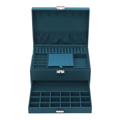 Green Suede Three Layer Drawer Organizer, Jewelry Boxes, Jewelry Box, Large Capacity Storage Case with 6 Hooks, 15 Ring Slots, 10 Earring Hooks, 18 Stud Holes, Multi-Compartment for Necklace, Bracelet, Ring, Earring Display