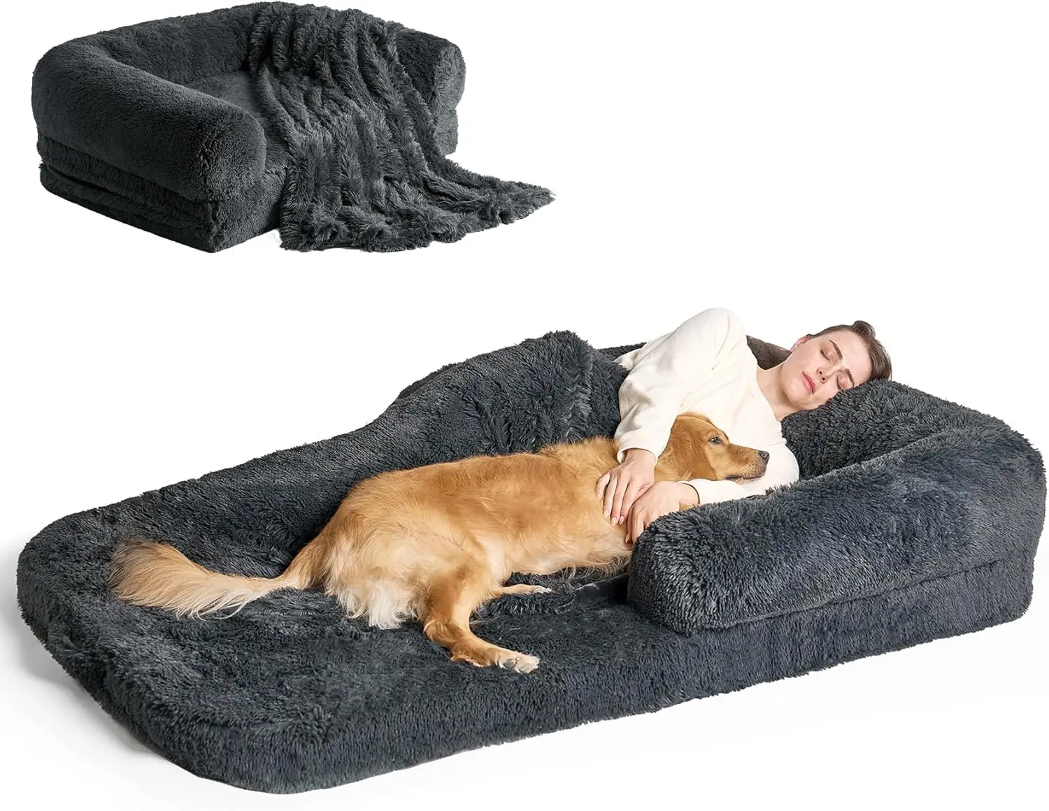 Foldable Human Dog Bed for Adult, Orthopedic Memory Foam Dog Bed for Humans, Waterproof Human Dog Bed, Dark Grey, 72