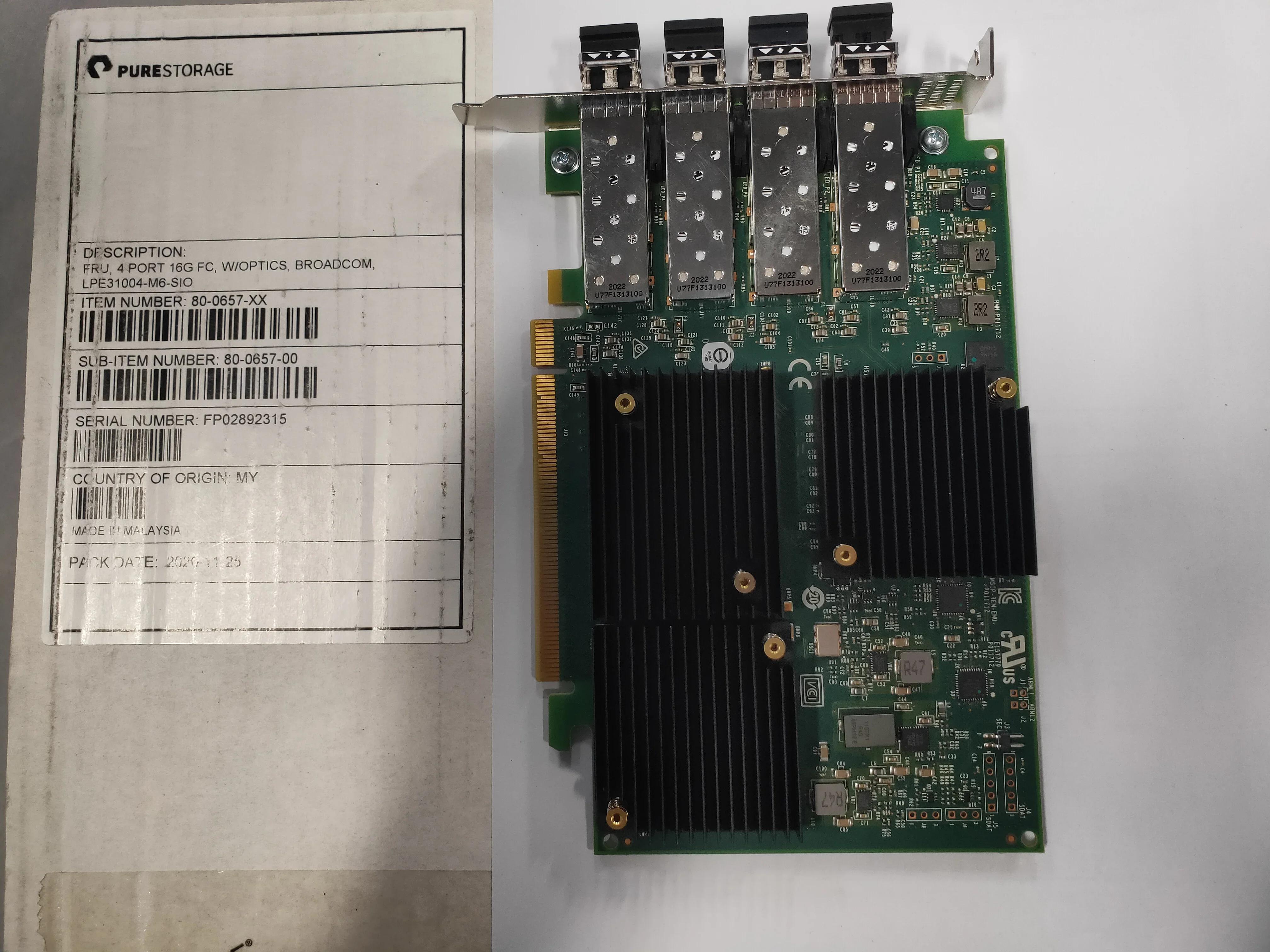 Emulex 16GB Fibre Channel 4Port 16G FC,W/OPTICS LPE31004-M6-SIO 80-0657-XX 80-0657-00 FP02892315