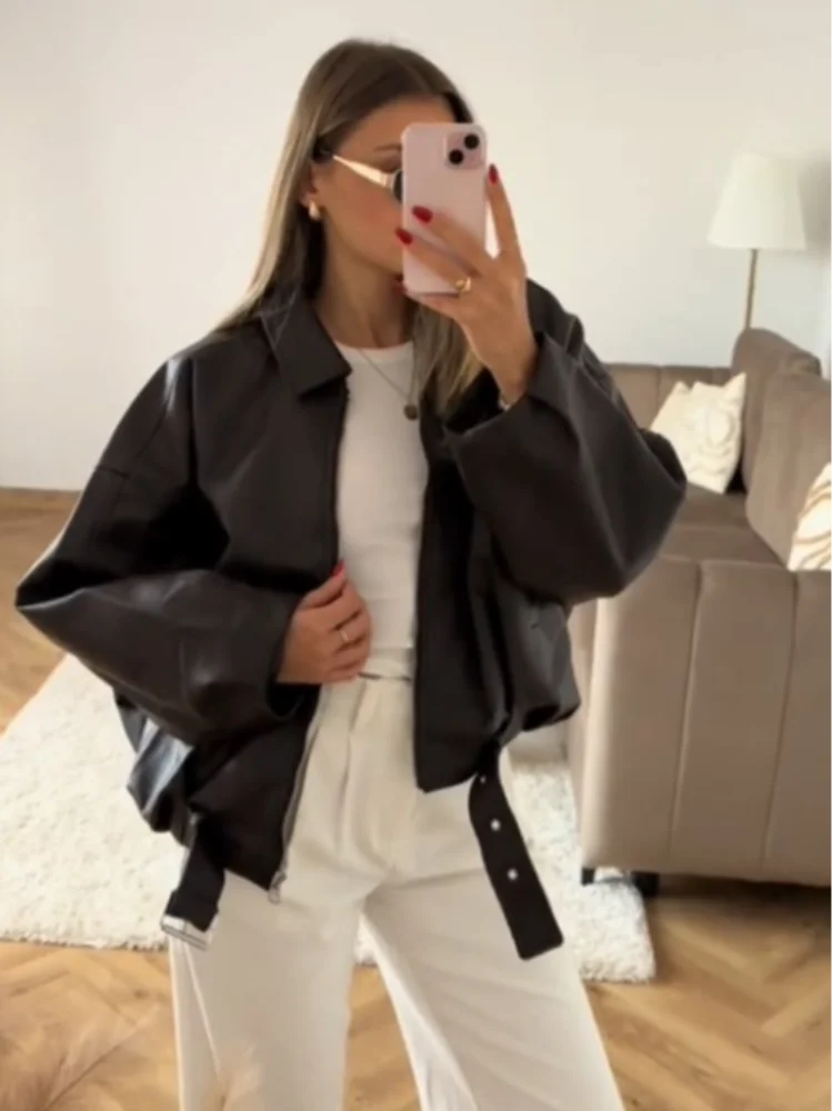 

Street Leather Women's Jacket Turn-down Collar Long Sleeve Zipper Female Coat 2025 Autumn Fashion Pu Loose Lace Up Lady Jackets