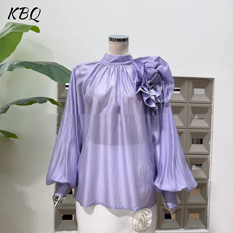 

KBQ Solid Spliced Appliques Loose Blouse for Women Stnd Collar Long Sleeve Temperament Casual Shirt Female Fashion Winter New