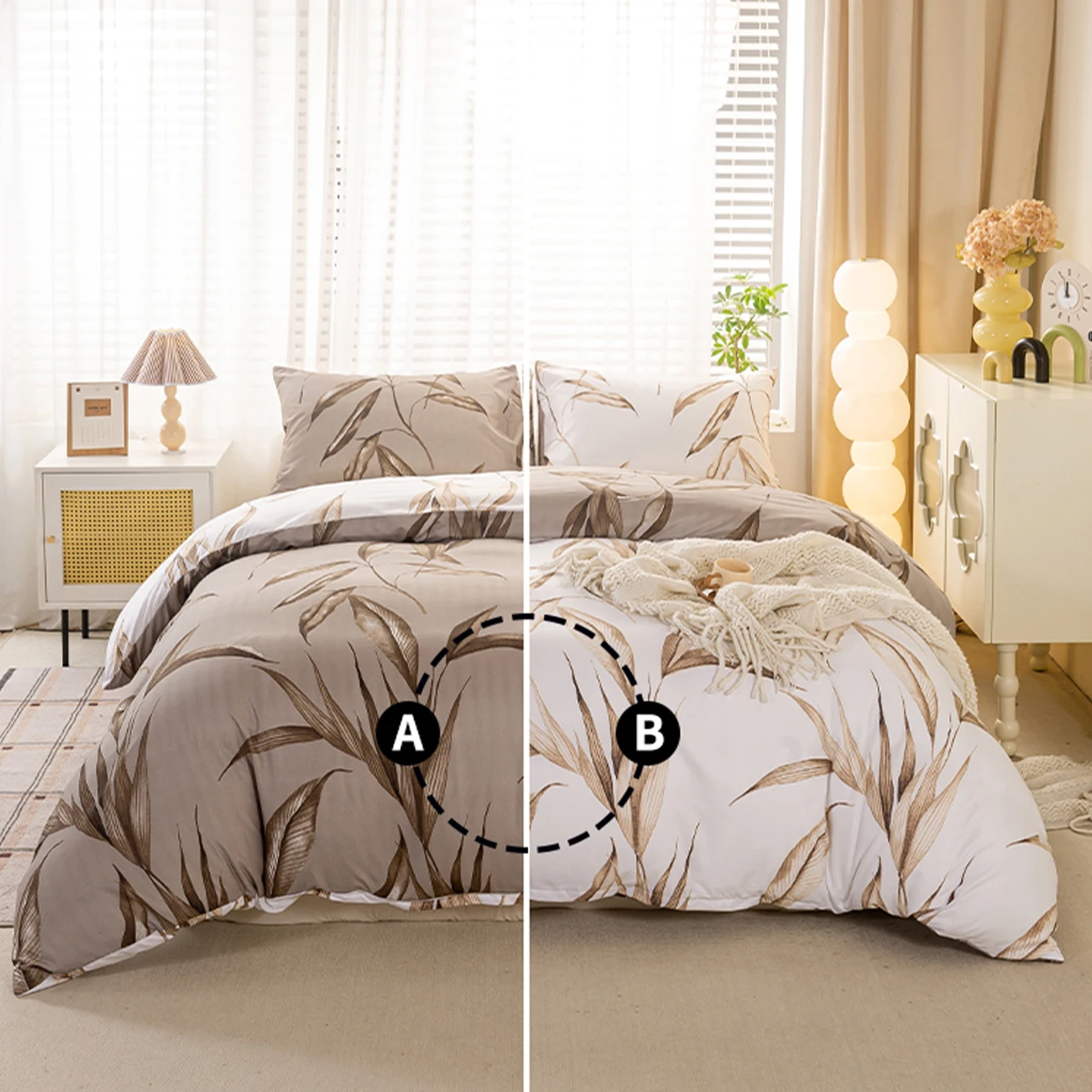 3pcs Reversible Brown Tropical Leaf Duvet Cover Set, Soft And Breathable,All-Season Universal. Neutral Minimalist Aesthetic Room