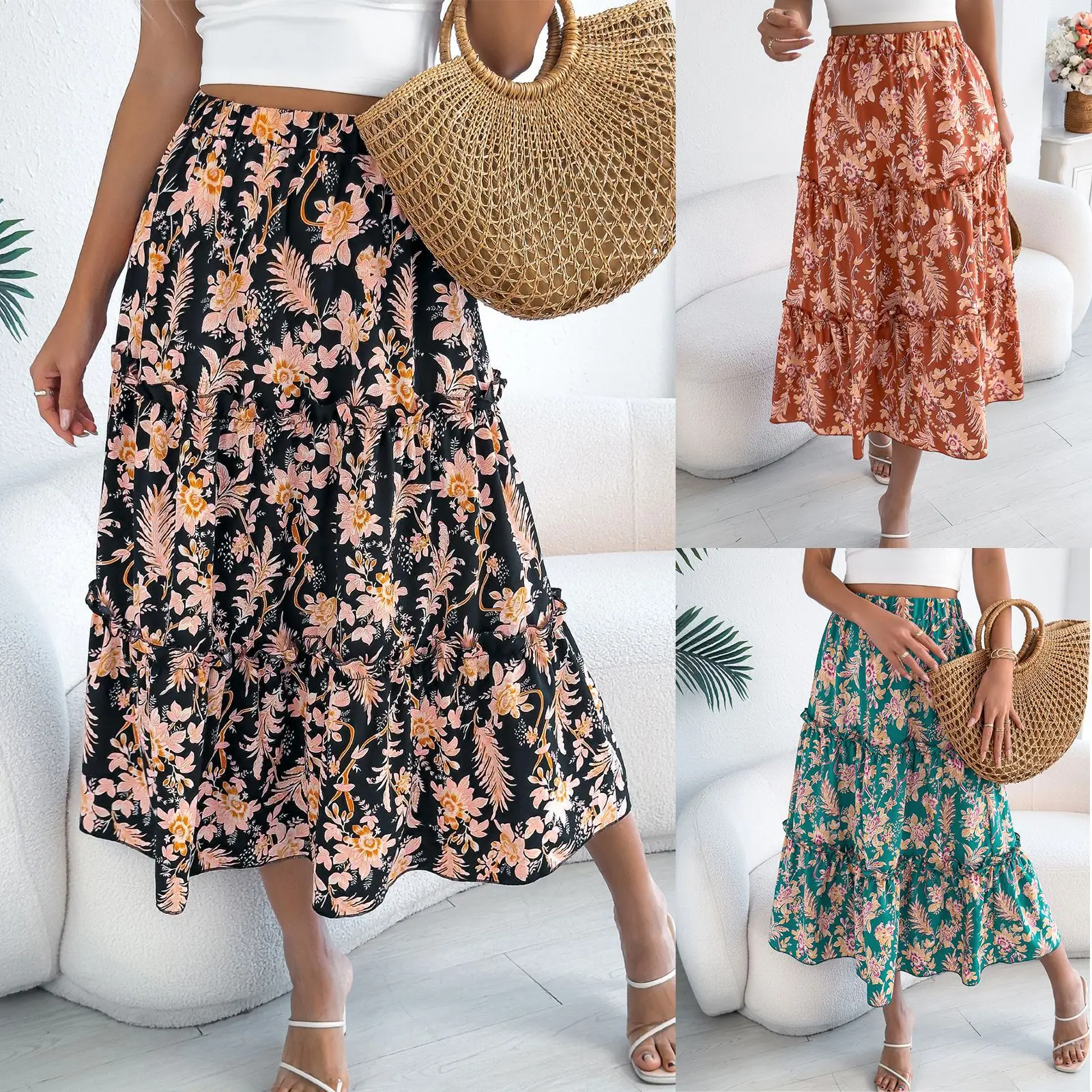 Women's Elegant High Waist Floral Print Tiered Maxi Skirt Loose Ruffle Hem A-line Skirt New 2026 Summer Casual Beach Boho Skirts