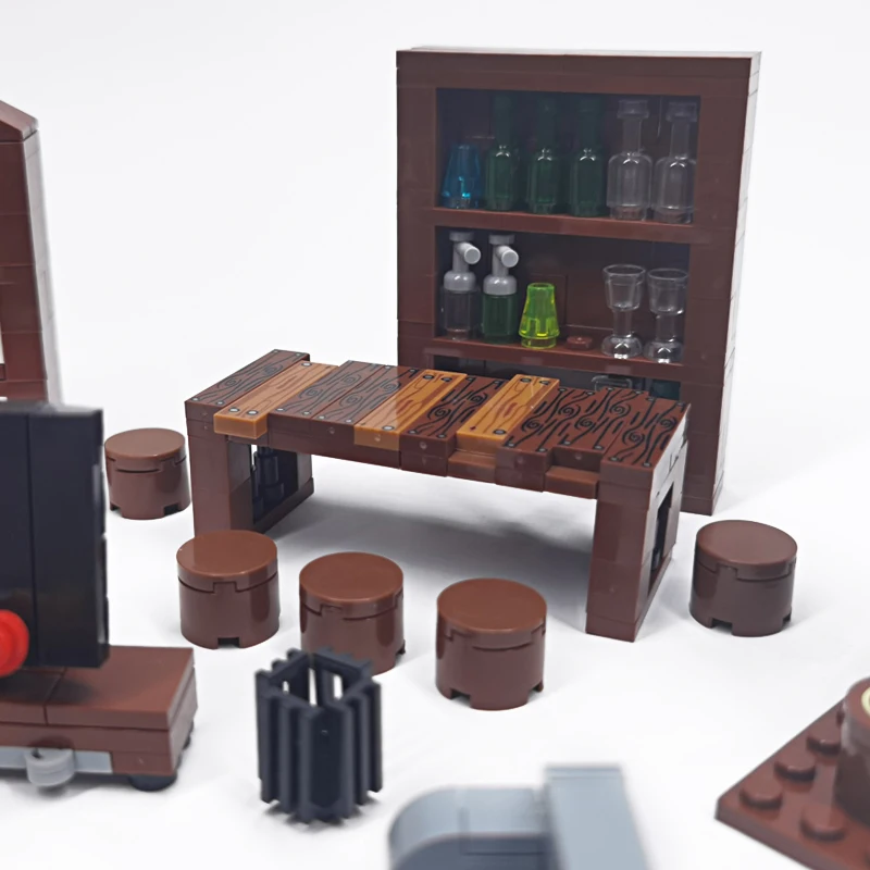 MOC-Bausteine, Möbel und Dekorationen für Wohnzimmer und Schlafzimmer – Bett, Bücherregal, Sofa, Computertisch, kleine Pflanzgefäße, Spielzeugmodelle. – Detail 4