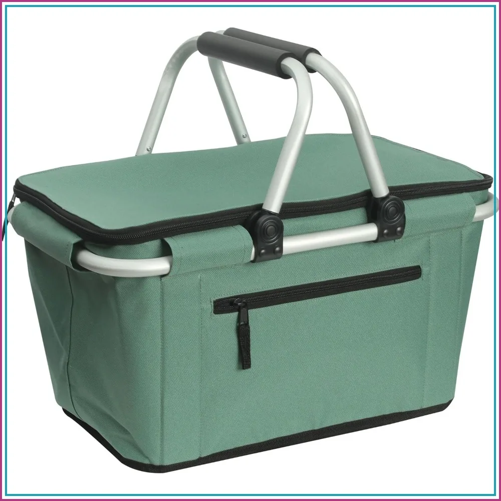 

27L Collapsible Shopping Basket with Lid, Folding Grocery Basket & Insulated Cooler Bag, Green