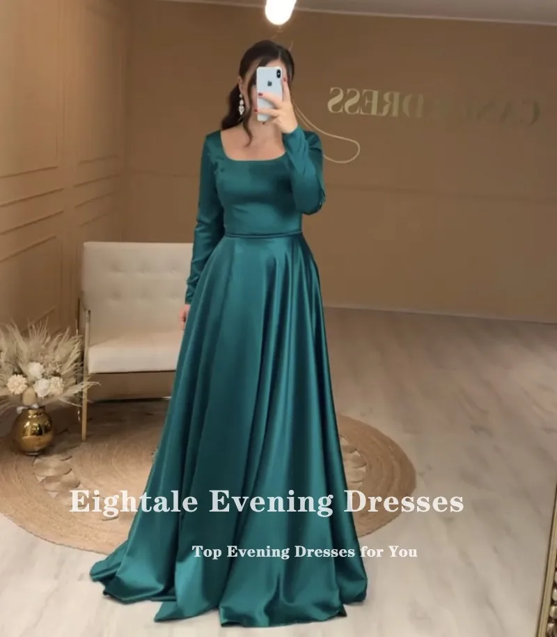 Eightale Green Evening Dress for Wedding Party Satin A-Line Long Sleeves Simple Arabic Dubai Prom Gowns Celebrity Dress