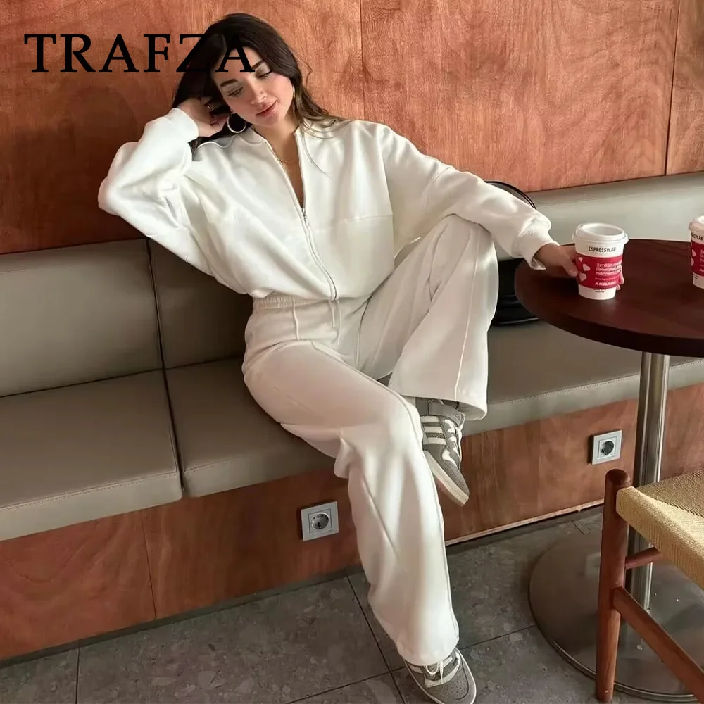 TRAFZA 2024 Autumn Winter Women Casual Solid Straight Suits Fashion Vintage Zipper O Neck Jackets+Elastic Waist Wide Leg Pants