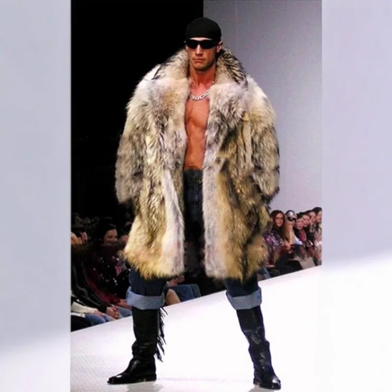 Wholesale men's fur jacket imitation raccoon hair long coat suit collar artificial hair thickened cold protection