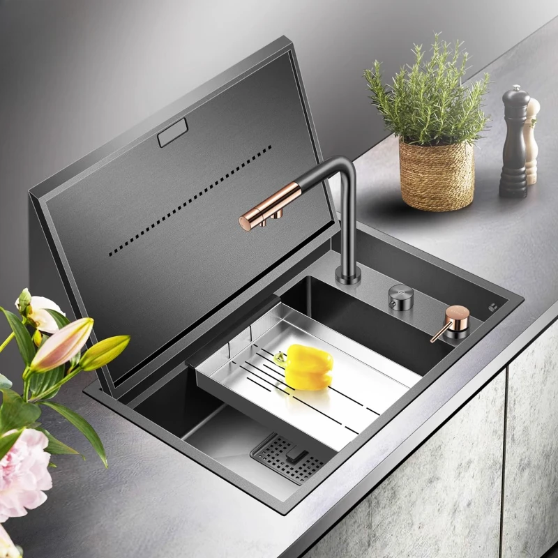

Clamshell panel invisible sink intelligent lifting faucet sunken undercounter dishbasin