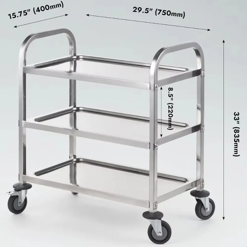 

30" L x 16" W x 33" H Stainless Rolling Serving Trolley, w/3 Tiered Shelf &Casters Brake Wheel, for restaurants/hotels