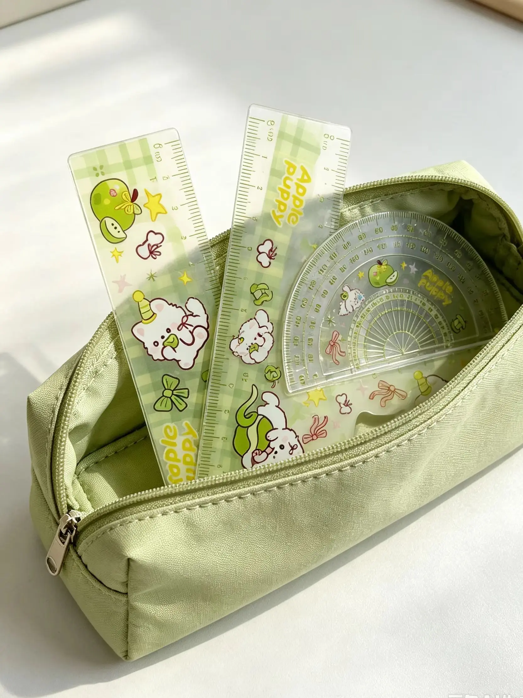 Cartoon Dog 4‑Piece Ruler Set, Acrylic Straight Triangle Ruler Protractor, Kids Student School Measuring Stationery Kit