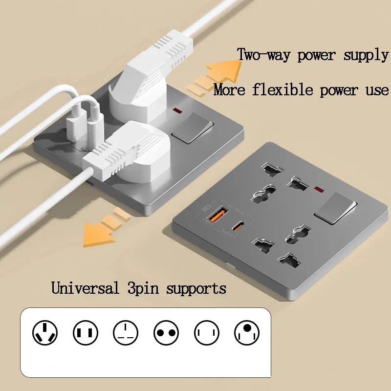 Multifunctional 1Gang 6 six-Hole Socket With USB+Type-c Charging 86-Type Concealed Universal Three Pin Plug With Switch Control