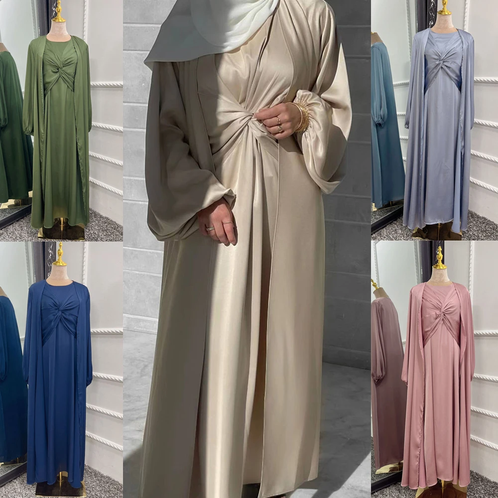 

Eid Ramadan Muslim Women 2 Piece Set Kimono Cardigan Open Abaya Kaftan Maxi Dress Islamic Jalabiya Robe Gown Dubai Abayas Caftan