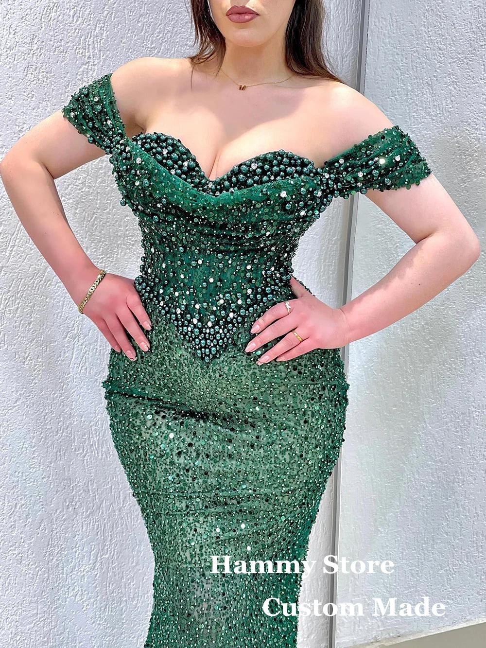 Emerald Green Evening Dress Luxury Off The Shoulder Sweetheart Pearls Beadings Glitter Mermaid Prom Gown Pageant Party Dresses