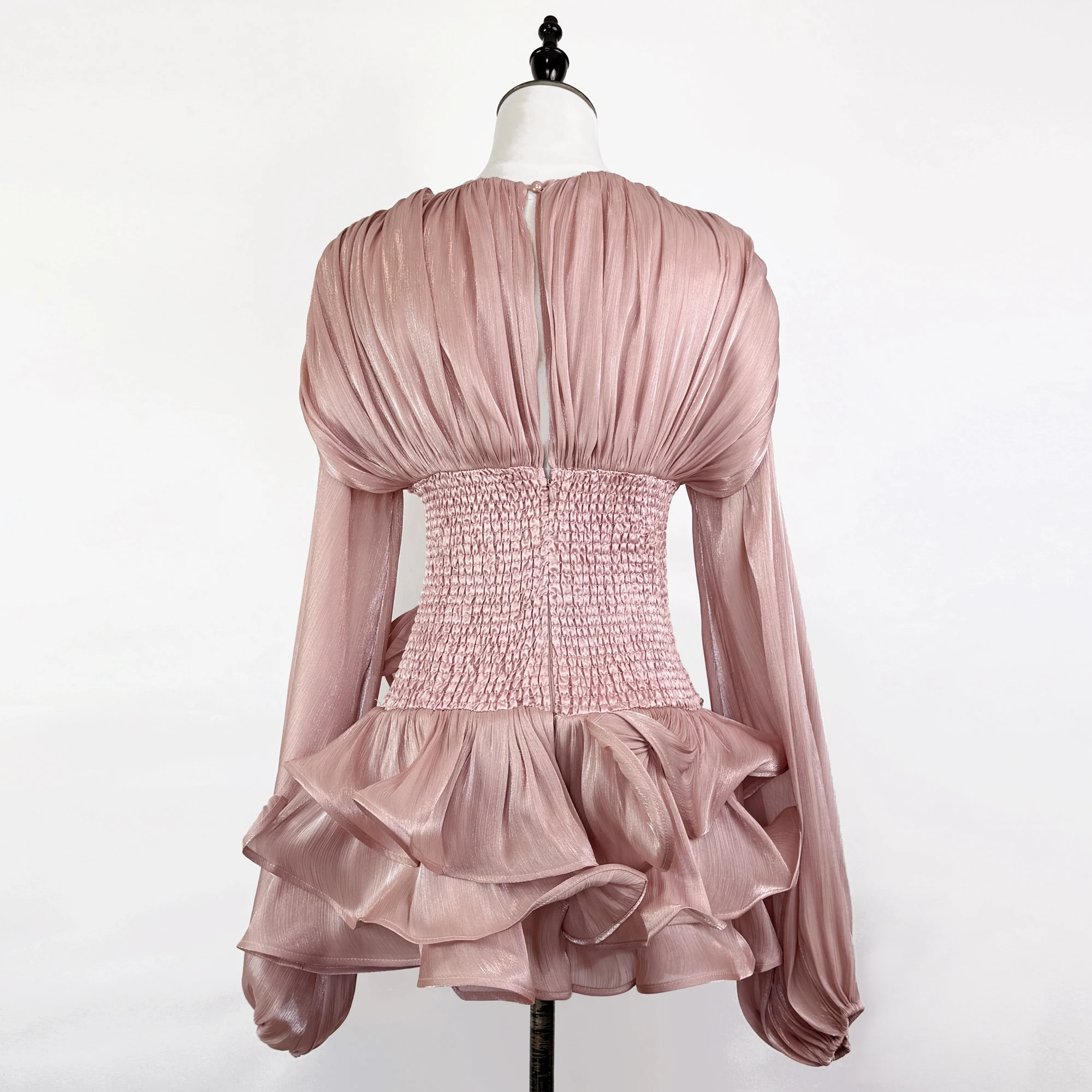 Luxury Satin Solid Slimming Ball Gown Dress for Women's V-Neck Long Sleeve Patchwork 3D Flower Zipper Mini Dress Female Clothes