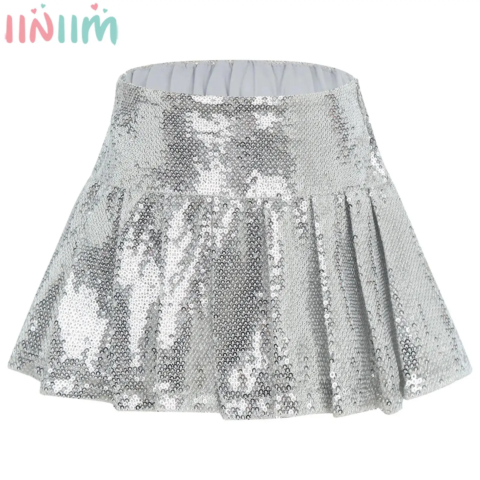 Kids Girls Shiny Sequins A-line Pleated Skirt Elastic Waistband Fashion Culottes for Cheerleading Jazz Dance School Daily Wear