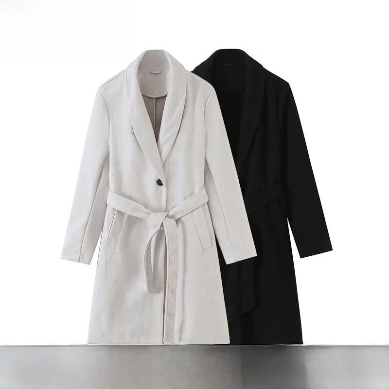 Fashionable ZR Style Women's Coat New Autumn Winter Belted Outerwear Polyester Fiber Long Sleeve Stand Collar Mid-Length