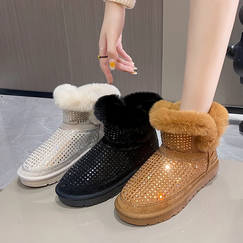 Women\'s Rubber Boots Plush Boots-Women Crystal Bling Bling Flat Heel Australia Round Toe Female Shoes Rain Fur Low 2023 Leather