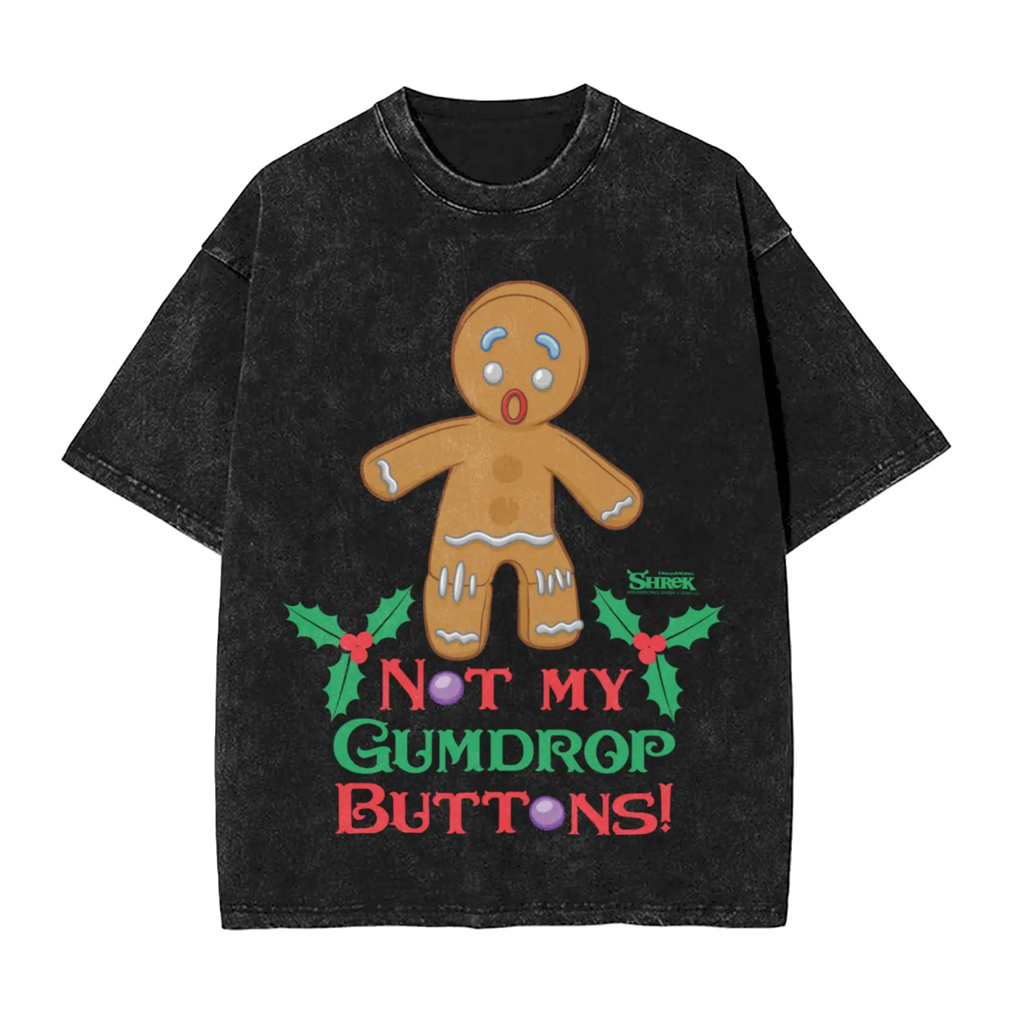

Shrek Gingy Not My Gumdrop Buttons Washed T Shirt Мужские винтажные повседневные футболки Летние футболки с круглым вырезом в стиле хип-хоп Футболки большого размера с принтом