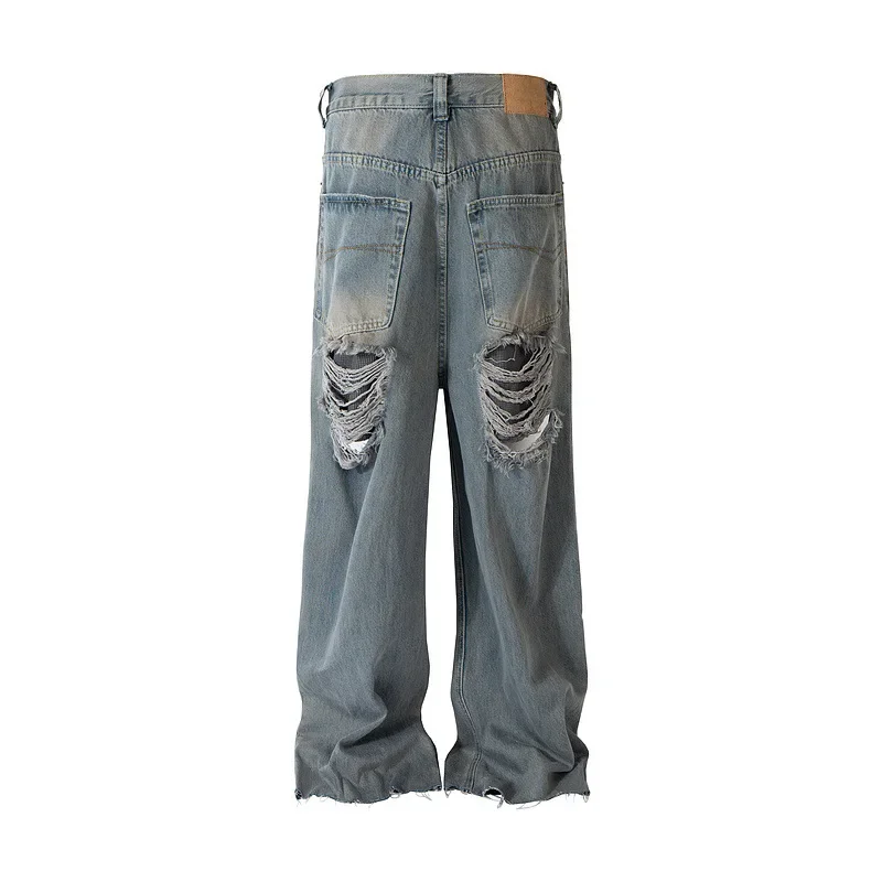 Men's High Street Destroyed Hip Hop Jeans Pants Fashion Streetwear Washed Vintage Denim Trousers Loose Fit Y2K Bottoms