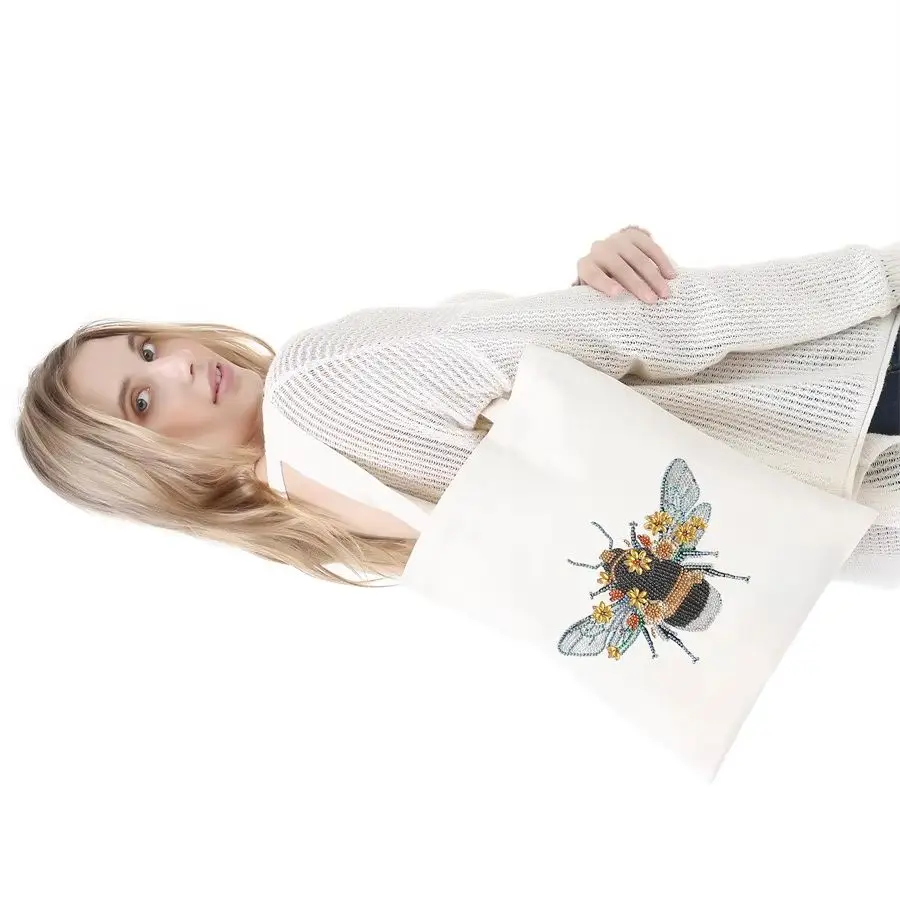 

5D Diamond Painting Tote Bag Handmade Special-shaped Sticker Diamond Bee Design Eco-friendly Shopping Bag