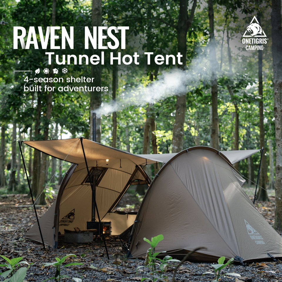  OneTigris Raven Nest Tunnel Hot Tent 2 Person Camping Shelter with Stove Jack 4 Season Waterproof Tent for Backpacking Bushcraft 