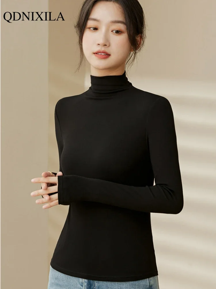 Autumn Winter New Inner Wear Half Turtleneck Modal Bottoming Shirt Women Fashion Slim Black Thickened Long Sleeve Top Pullover