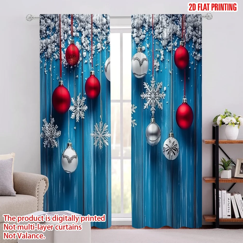 

2pcs 2D flat printing Merry Christmas Popular Window Drapes Winter Wonderland Blue Christmas Ball Machine Washable Polyester