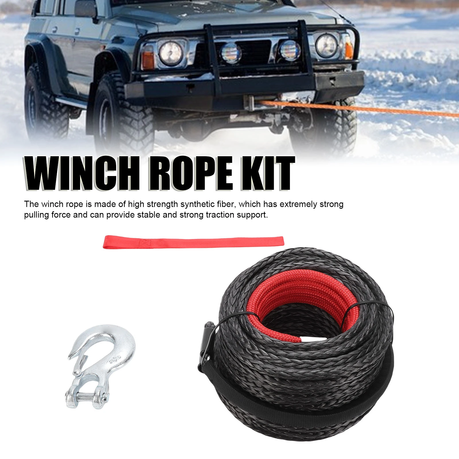 Synthetic Winch Rope 3/8in Line Cable with Protective Sleeve Forged Winch Hook for Large Off Road Vehicle Truck 8mm Dia 15m Leng