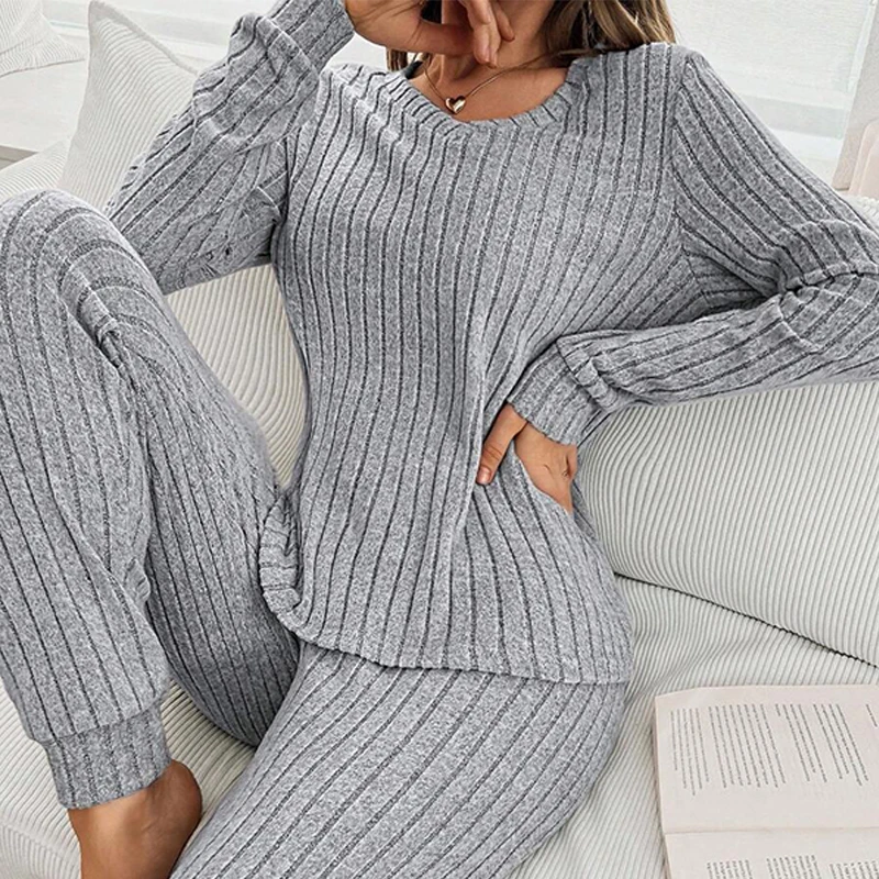 

OMSJ элегантные повседневные однотонные трикотажные футболки в рубчик с v-образным вырезом и длинными рукавами + брюки, женская одежда для сна, простая уютная одежда из двух предметов 2026