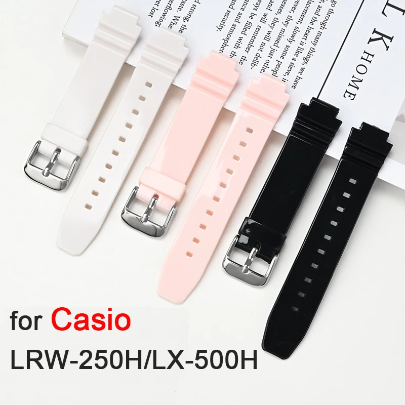 Resin Rubber Strap for Casio LRW-250H 200 LX-500H Women Glossy White Pink Convex Watch Band Waterproof Silicone Bracelet 12mm