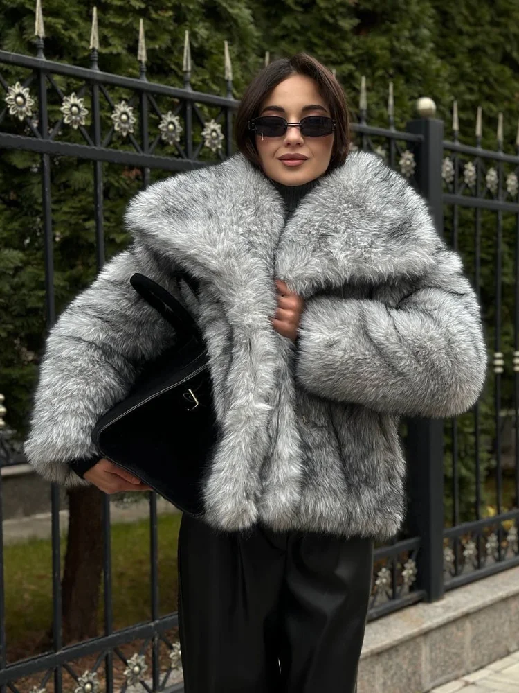 Chic Women Big Lapel Fluffy Faux Fur Jacket Elegant Long Sleeves Short Thicken Coats Autumn Winter Lady Warm Commuting Outwears