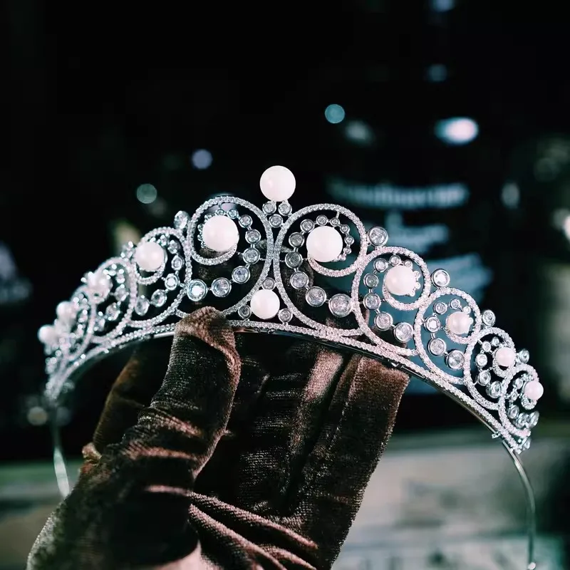 Vintage Heavy Work Grand Bride Hair Crown Micro-Inlaid Zircon & Pearl Jewelry Luxurious Wedding Headwear Accessories