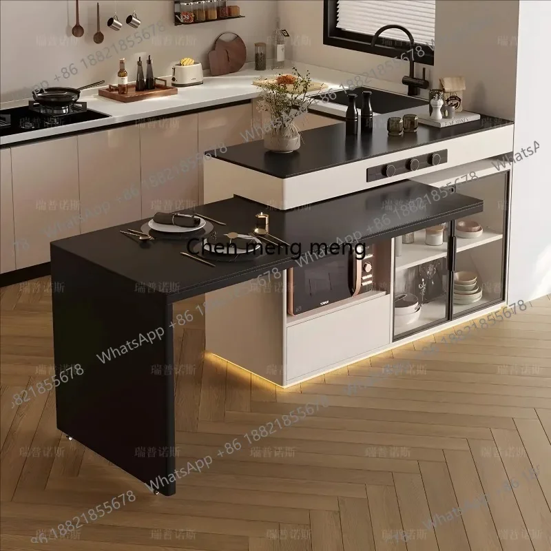 NQ52 Rotating island dining table integrated retractable rock slab household middle island kitchen black bar dining table