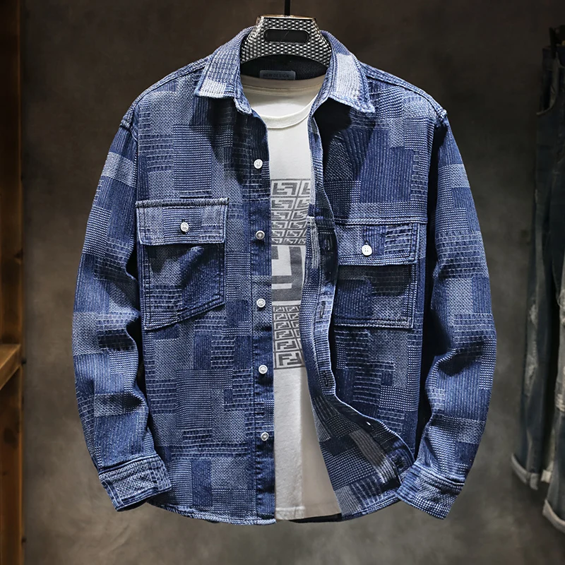 Autumn New Fashion Printed Panel Denim Shirt Japanese Coat Male Simple Casual Loose Vintage Jean Jacket Streetwear Plus Size 5XL