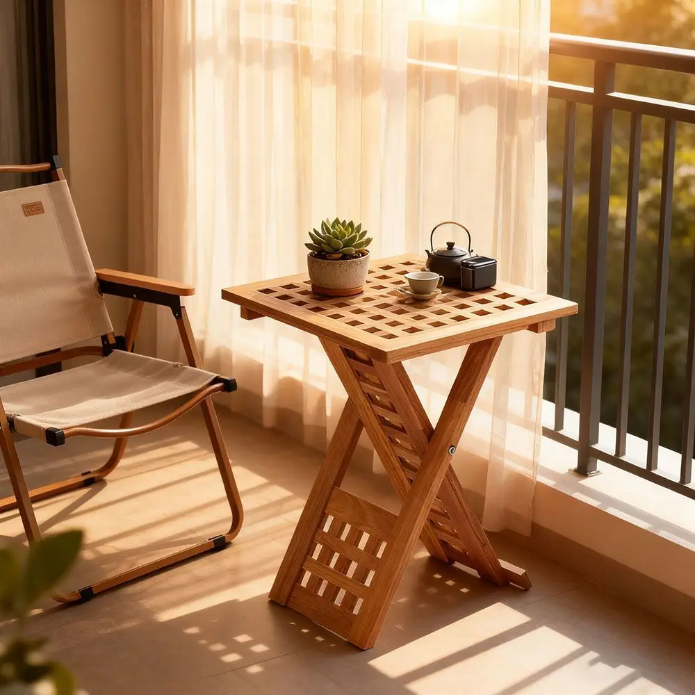 Foldable Wooden Side Table Square Grid Top Portable Coffee Table For Balcony Patio Camping Picnic Indoor Outdoor Use Lightweight