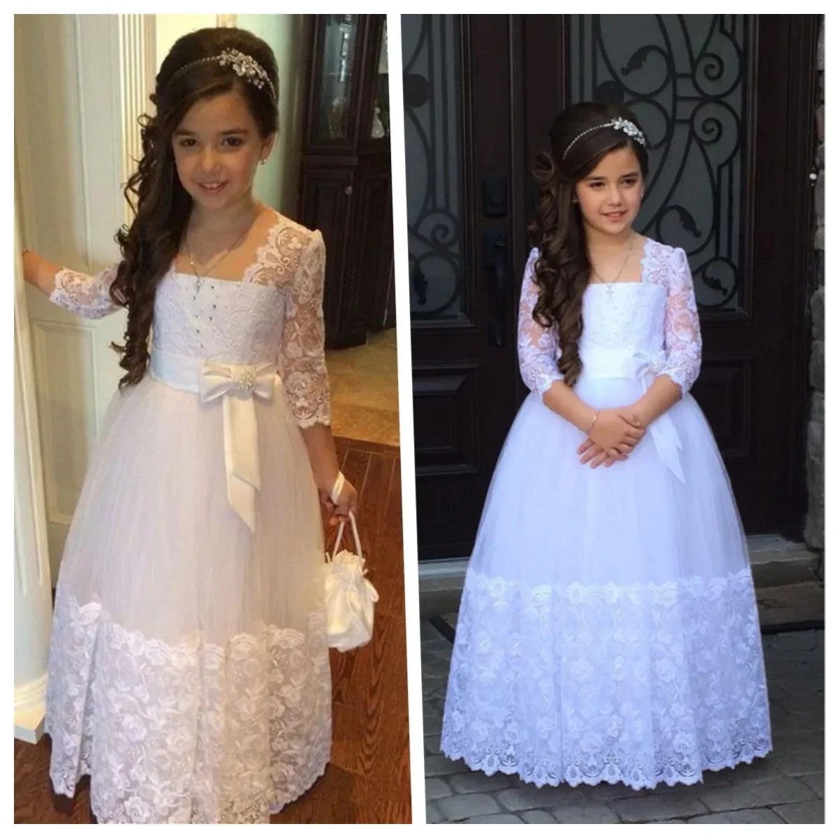 

Customized Flower Girl Dress For Wedding Bowknot Lace High Waist Floor Length Elegant Kids Birthday First Communion Gown