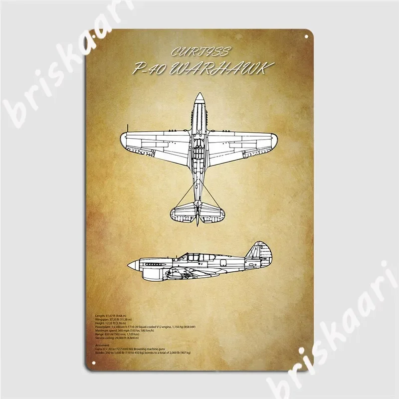 Curtiss P40 Warhawk Blueprint Metal Plaque Poster Retro Club Bar Wall Cave Plaques Tin Sign Poster