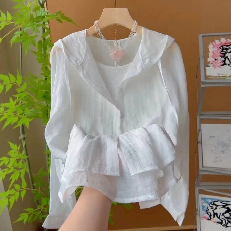 Koreański styl casual, bluza z kapturem chroniąca przed słońcem, letni zestaw dwuczęściowy dla kobiet, modny, przeciwstarzeniowy, z włókna poliestrowego.