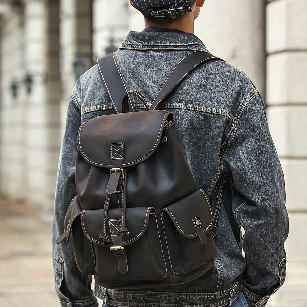 JOYIR Genuine Leather Drawstring Backpack Book Bag Men School Shoulder Bags Vintage Casual Travel Hiking Daypack Rucksack Male