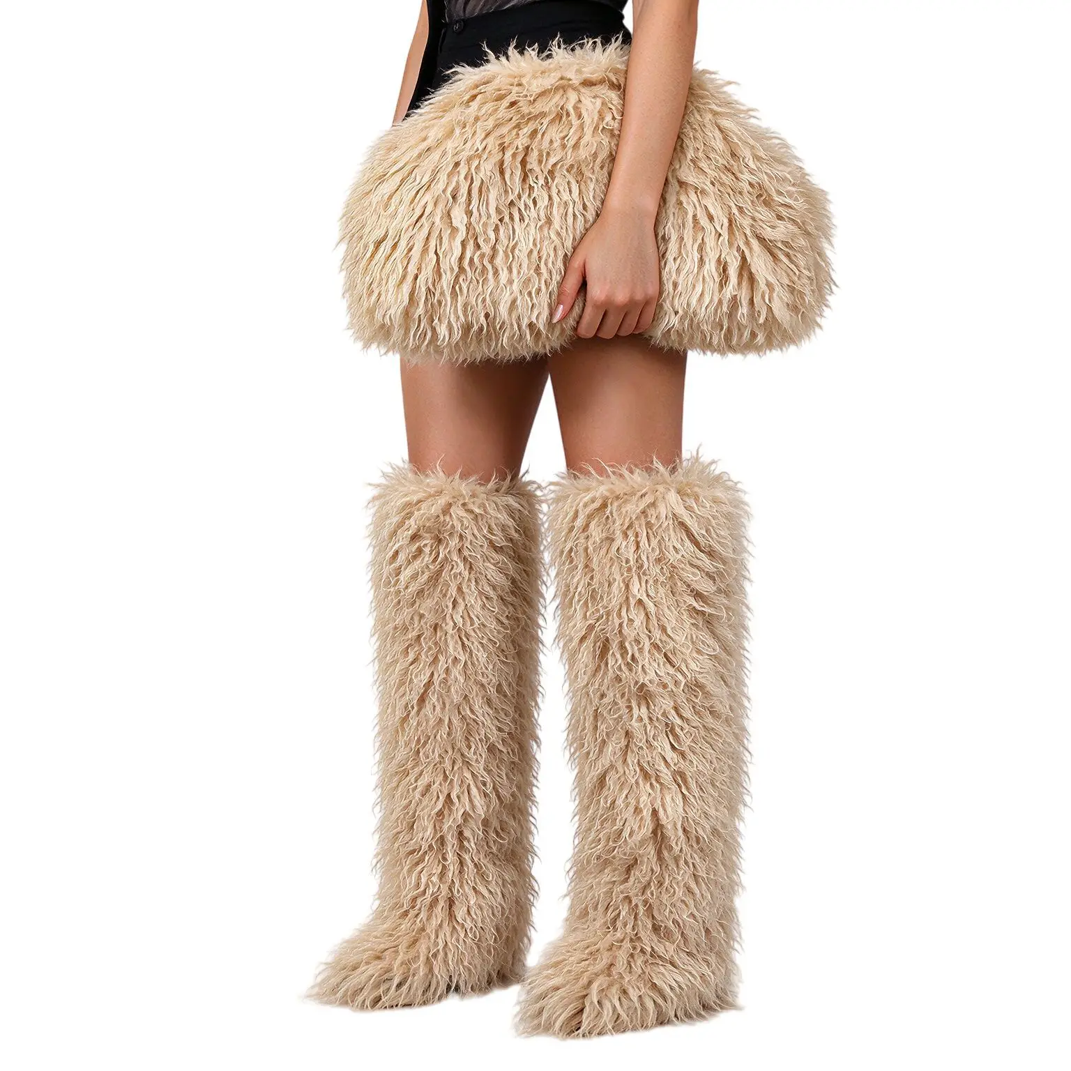 2 PCS Sets Womens 72cm Faux Thigh High Fluffy Faux Fur Boots Ladies Plush Warm Platform Shoes With Shaggy Fur Purse