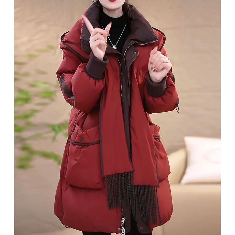 

Thick Warm Parka 2026 Winter New Down Cotton-Padded Coat Women's Overcoat Detachable Scarf Collar Hat Loose Casual Cotton Coat