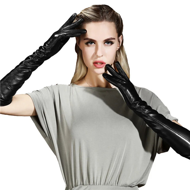 Long leather gloves 50cm  Genuine Leather  sheepskin  tight plus long performance photography bar runway  cos