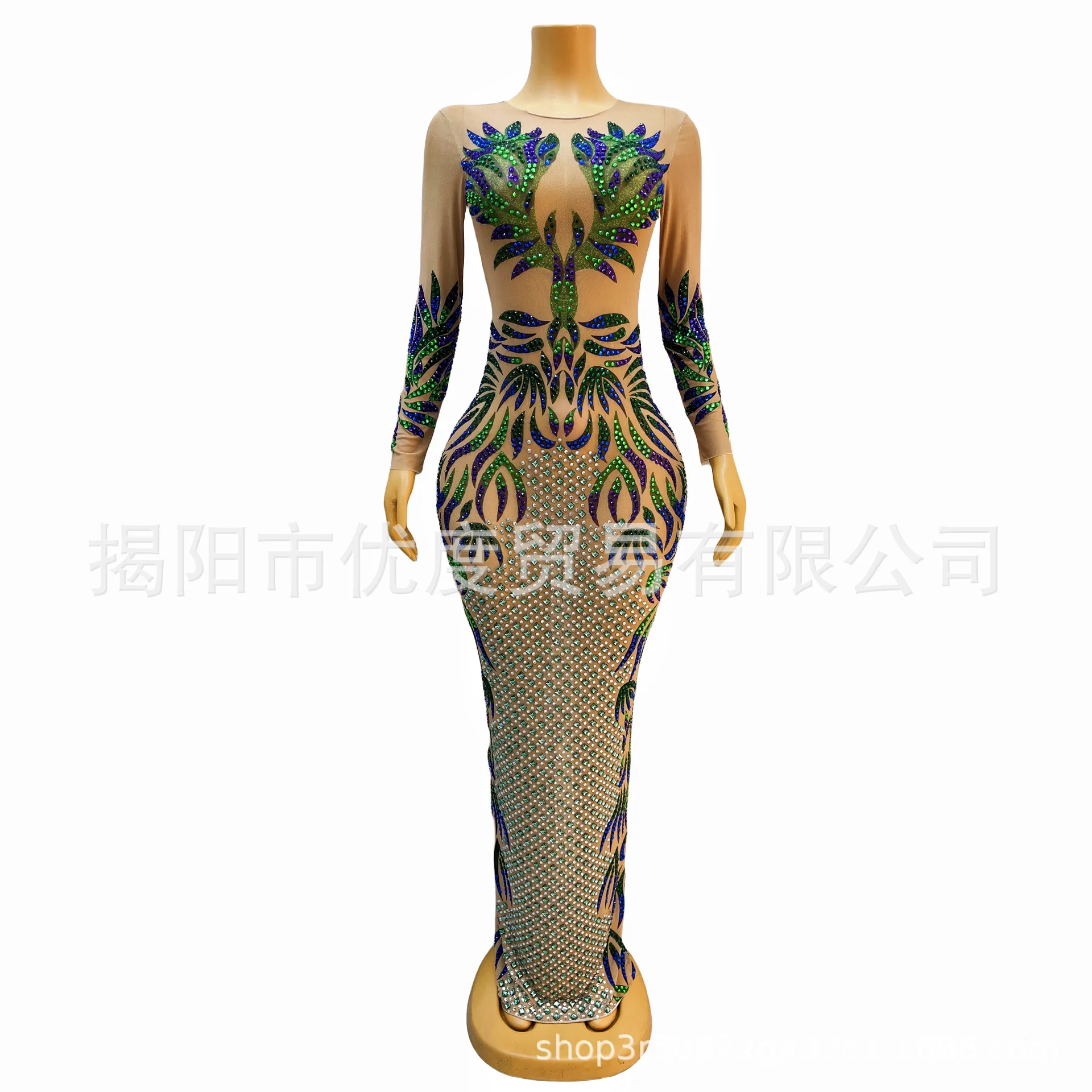 Small Fresh Shining Perspective Design Sense Rhinestone Temperament Dress Cocktail Party Night Performance Long Dress Feathers